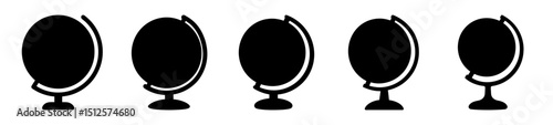 A set of five solid black globe iconographic illustrations on a white background