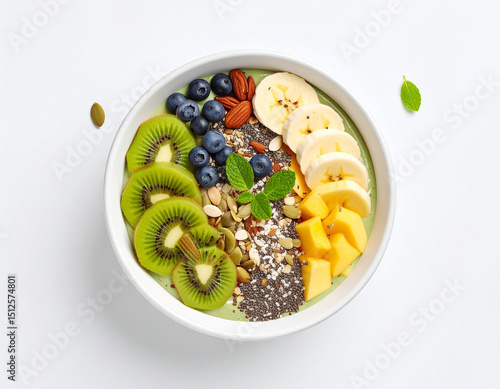 Delicious green smoothie bowl with fresh fruit and seeds
