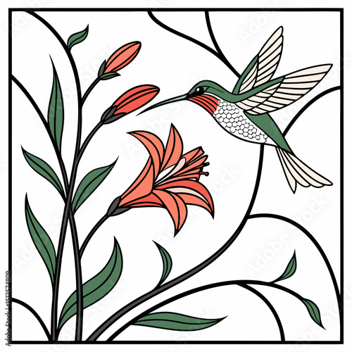 Illustration of a hummingbird hovering near a lily flower with leaves and buds in a square frame