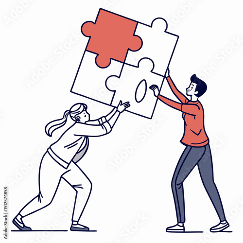 Two people collaborating to connect large puzzle pieces with one red piece in a teamwork setting