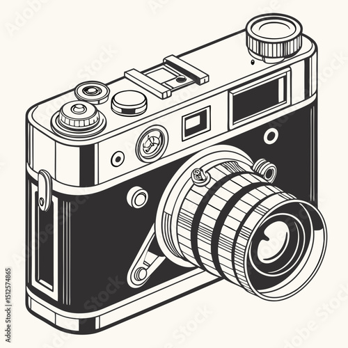 Isometric view of a vintage camera with a lens and multiple dials and buttons in black and white design style