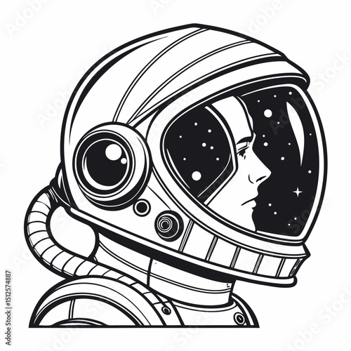 Illustration of an astronaut with a space helmet, gazing out at the stars, in a black and white style