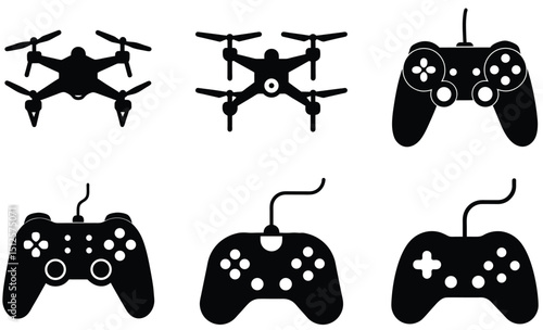 Set of black silhouettes of drones and game controllers against a white background
