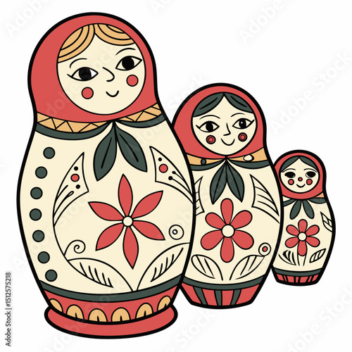 Three matryoshka dolls with floral designs and red headscarves in a row on a white background image