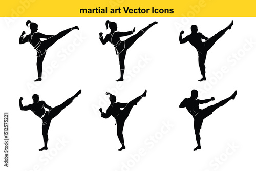 Set of martial arts silhouettes illustrating high kicks and powerful combat movements in black