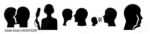 Black and white silhouettes representing communication, sound, and relationships between people