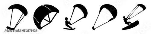 Various Silhouette Depictions of Kitesurfing and Kiteboarding Isolated on White Background