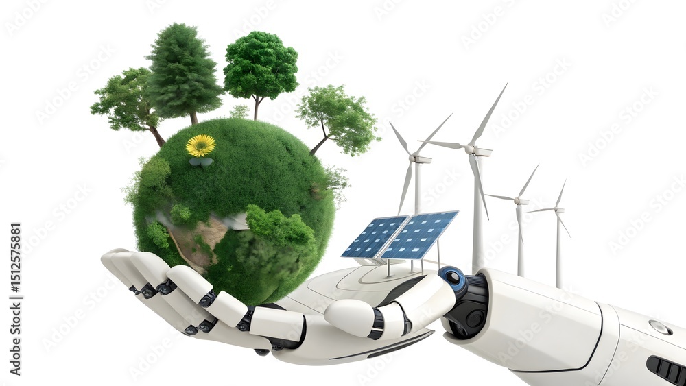 Fototapeta premium Robotic hand holding green planet with wind and solar energy