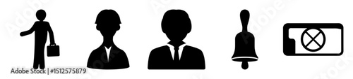 Black and white icons representing business figures, notifications, and warnings