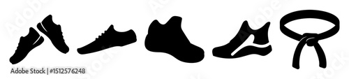 Silhouette Illustration of Various Athletic Shoes and a Martial Arts Belt