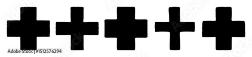 Five black cross shapes in a row with slight variations in orientation