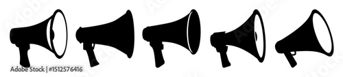 Five Black Megaphone Silhouettes Arranged in a Row on a White Background