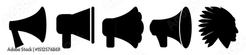 A Collection of Black Megaphones and a Native American Headdress Silhouette