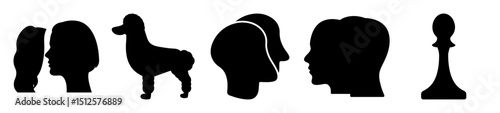 Abstract silhouettes of faces, poodle, and chess pawn creating a unique composition