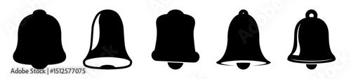 A collection of black bell icons in various styles and shapes