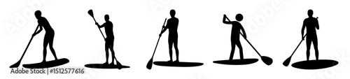 Silhouettes of individuals paddleboarding creating a visually engaging aquatic scene illustration