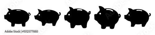 Five black piggy banks in a row on a white background represent savings