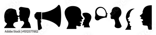 Silhouettes depicting communication, conversation, public speaking, sharing of ideas, and relationship dynamics