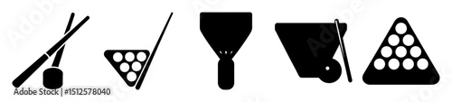 Stylized black and white illustrations depicting various billiards related equipment