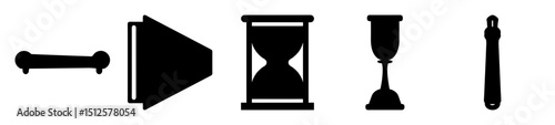 Black silhouettes of diverse objects illustrating time, communication, and tools concepts