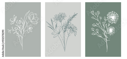 Trendy floral wildflowers and leaves line art illustration. Botanical Line Art Collection of wildflowers. Hand drawn line art graphics. Luxury Fine Line Floral Art. Perfect for Elegant wedding invite