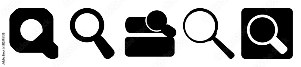 Illustrations of magnifiers in black and white display different icon designs Illustrations of magnifiers in black and white display different icon designs