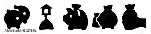 Black Silhouette Icons of Piggy Banks and Money Bags Symbolizing Wealth