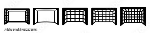 Diverse soccer goal designs presented in simple black and white line art