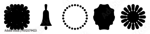 Five unique black shapes depicted against a stark white background, interesting forms
