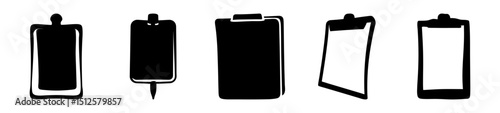 Five different stylized clipboards in a row on a white background