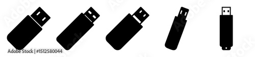 Stylized black and white illustrations of USB drives in various angles