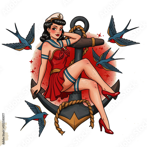 Vintage sailor girl tattoo design with anchor and swallows illustration