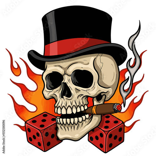 Vintage skull with top hat cigar and dice tattoo design vector graphic