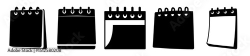 Five stylized black calendar icons lined up on a white background