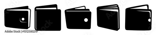 Set of five black and white vector wallet icons in various positions