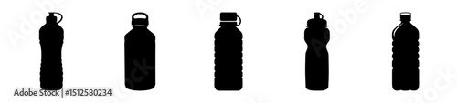 Five black water bottle silhouettes illustrating diverse design and container shapes