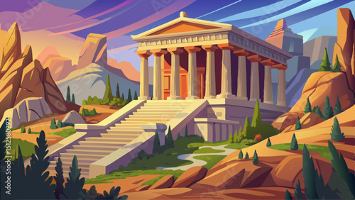 An ancient Greek temple with Doric columns, stone steps, and sculptural friezes. Set on a rocky hilltop, the temple honors mythology, classical structure, and timeless marble architecture.

