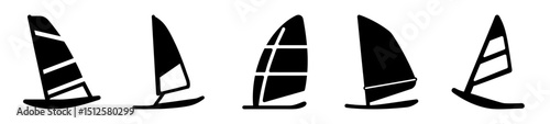 Five distinct windsurfing sails in varying styles, rendered in black silhouette