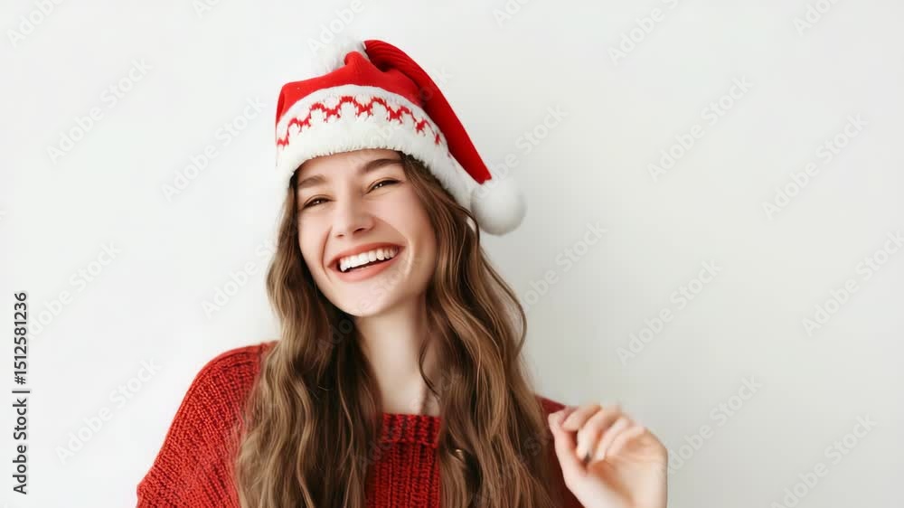 A woman, wearing a festive red and white hat, smiles broadly with her eyes closed. Her curly hair and red sweater add to the cheerful holiday aesthetic against a neutral background. A woman, wearing a festive red and white hat, smiles broadly with her eyes closed. Her curly hair and red sweater add to the cheerful holiday aesthetic against a neutral background.