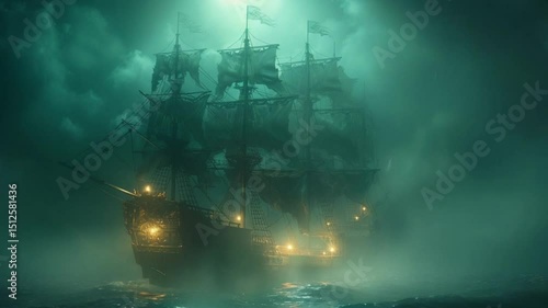ghost pirate ship emerges from dense sea fog