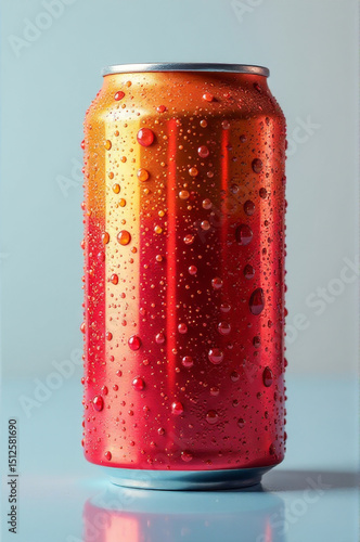 A single can of soda resting on a table, ready for consumption