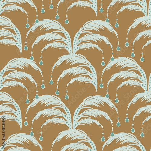 Feather with pendants Seamless Pattern light green on gold brown backdrop for wallpaper design