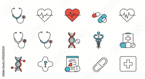 Medical healthcare icons set with stethoscope heart dna caduceus pills and first aid kit vector design on transparent background