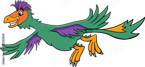 flying cartoon Caudipteryx or feathered dinosaur prehistoric character