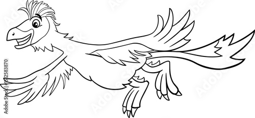 flying cartoon Caudipteryx or feathered dinosaur character coloring page