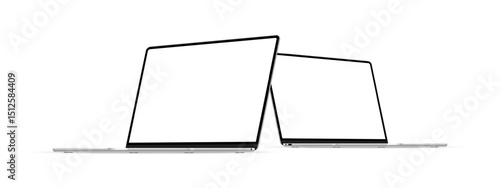 Modern Silver Laptops Mockups With Blank Screens, Side Perspective View, Isolated On White Background. Vector illustration