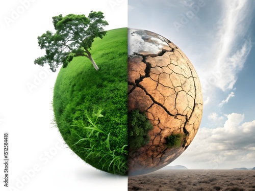 Fototapeta Naklejka Na Ścianę i Meble -  Half green half dry planet earth environmental concept
