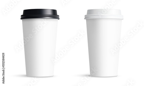 Two Blank Tall Paper Coffee Cups Mockups With Caps, Front View, Isolated On White Background. Vector Illustration