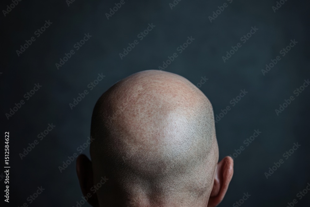 Fototapeta premium Close-Up of a Bald Man with Sparse Hair Texture on a Grey Background, Highlighting the Baldness Challenge
