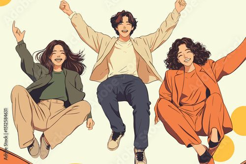 Three joyful friends jumping with raised arms, wearing casual and stylish outfits in green, beige, and orange, set against a light background with yellow dots, vibrant illustrative style